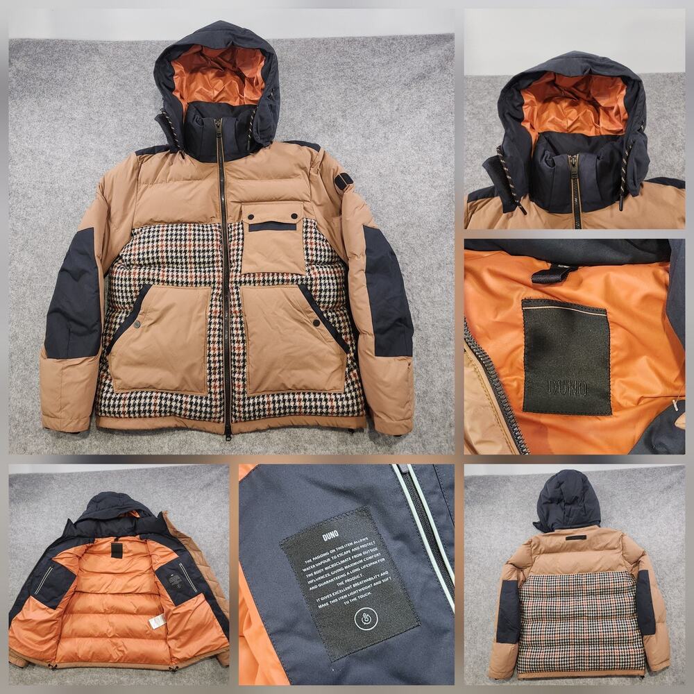 Duno Jacket Mens L? Brown Plaid Hooded Puffer Winter Coat Down‎ Insulated Warm